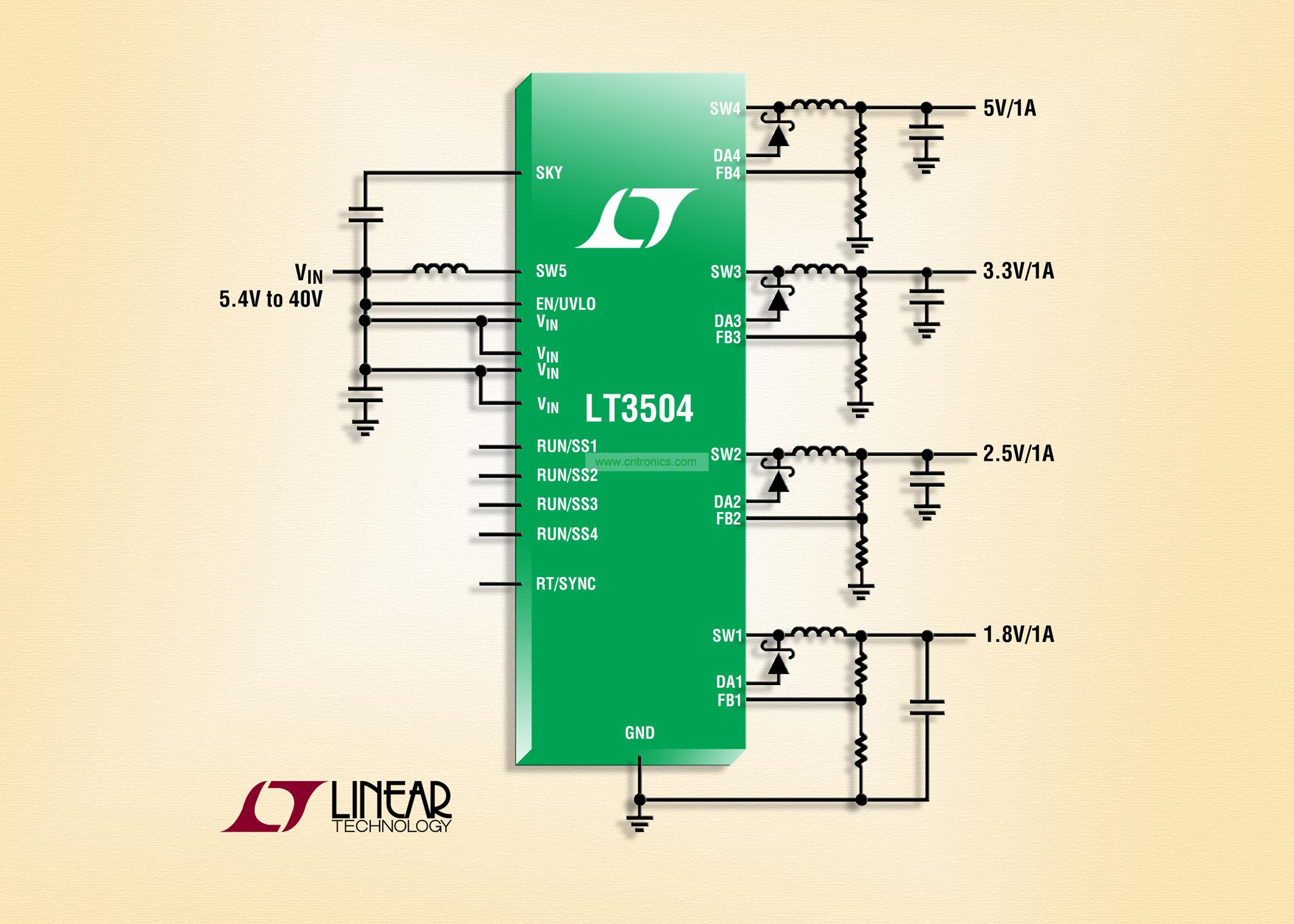 40V、4 通道 1A (IOUT)、2.2MHz 降壓型 DC/DC 轉(zhuǎn)換器