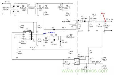 移動(dòng)設(shè)備充電器所使用的一個(gè)5V/5W非連續(xù)反向電源的原理圖