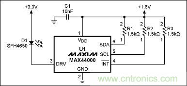 圖1：MAX44000典型電路，包括LED