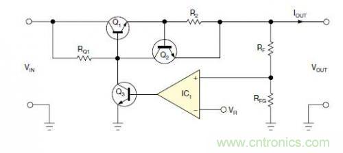 圖1：一個(gè)標(biāo)準(zhǔn)的線性穩(wěn)壓器直接將反饋連接到串聯(lián)導(dǎo)通晶體管上。