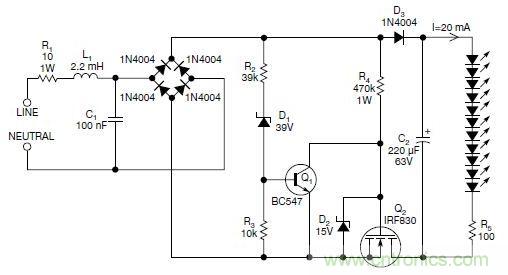 圖2：斬波工作類似圖1中的電路，但以較大的LED串聯(lián)電阻代替了恒流源，提供限流功能