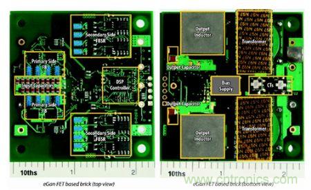 圖6：采用eGaN FET設(shè)計(jì)的48V至53V半磚PSE轉(zhuǎn)換器的頂視圖和底視圖(單位為英寸)。