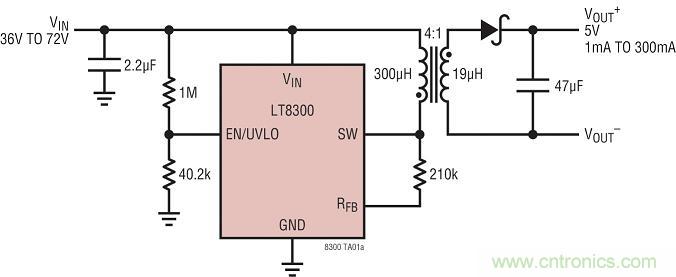 圖 1：具主端輸出電壓檢測(cè)的 LT8300 反激式轉(zhuǎn)換器