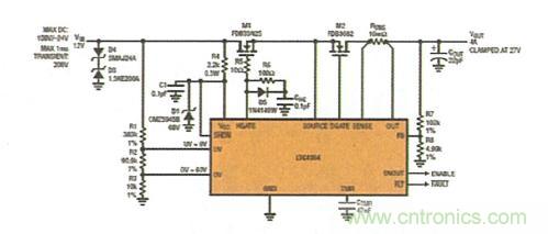 圖2：具反向電流保護功能的浪涌抑制器可在 VIN上承受 200V/-24V 瞬態(tài)電壓