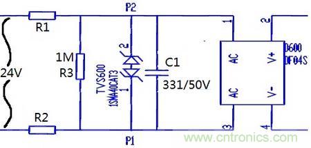 案例1：輸入端24V波動(dòng)，R1和R2常被燒壞。