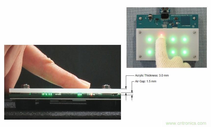 圖7. 安森美半導(dǎo)體電容式觸摸傳感器具有高度靈敏度，支持戴手套觸摸，支持含氣隙應(yīng)用