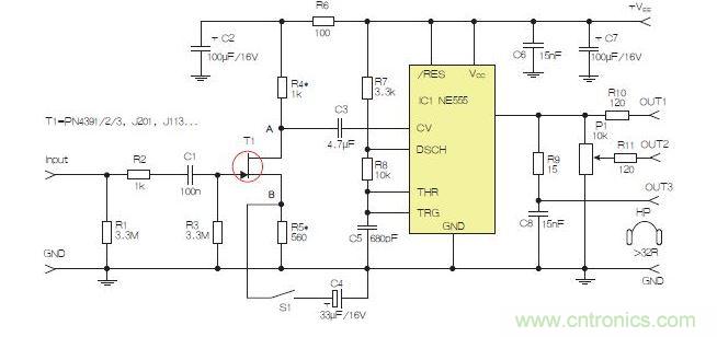 含JFET輸入和NE555的耳機/線路驅(qū)動器
