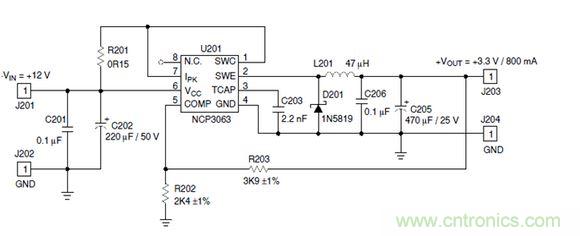 Buck電路應(yīng)用實(shí)例-輸入9～12V，輸出3.3V 800mA電路