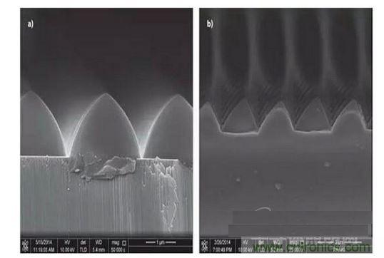 圖案化藍(lán)寶石基板通過(guò)光致抗蝕劑掩膜在電感耦合等離子體干法反應(yīng)性腐蝕保持良好剛性結(jié)構(gòu)（如圖a）,然而，如果光致抗蝕劑掩膜的剛性結(jié)構(gòu)在抗蝕過(guò)程中沒(méi)有得到保持，那么結(jié)果會(huì)很差（如圖b）