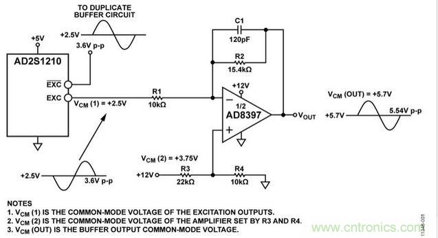 采用AD8397的高電流緩沖器支持AD2S1210 RDC激勵信號輸出（原理示意圖，未顯示去耦和所有連接） 
