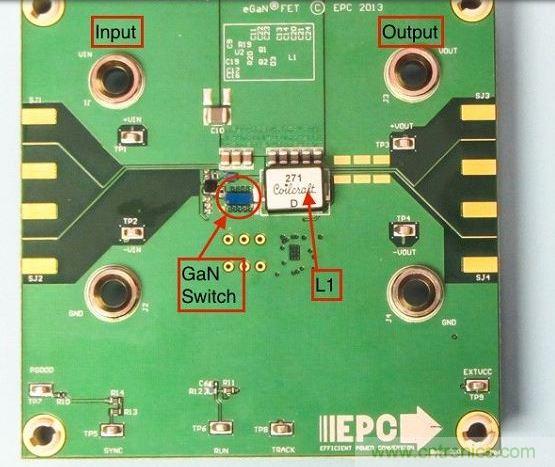 演示板用于顯示GaN的EMI。該GaN組件被圈定，我會(huì)在L1左側(cè)測(cè)量切換的波形。
